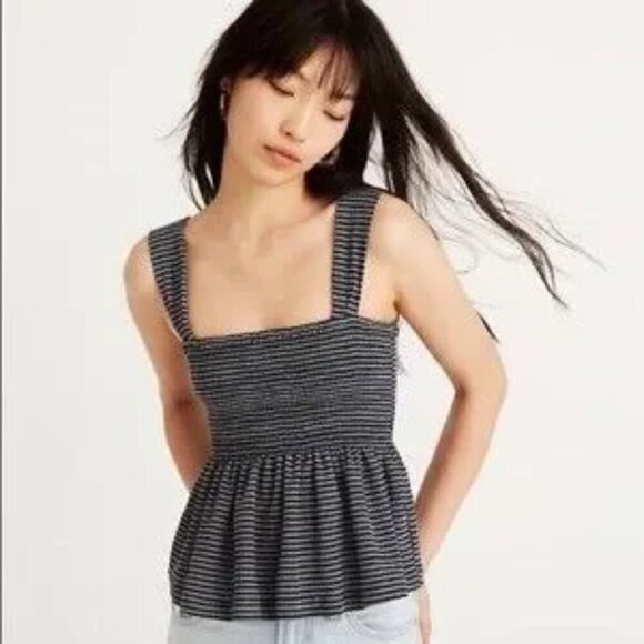 Madewell Texture & Thread Navy Blue & White Striped Peplum Y2K Babydoll Tank XS - Picture 1 of 10